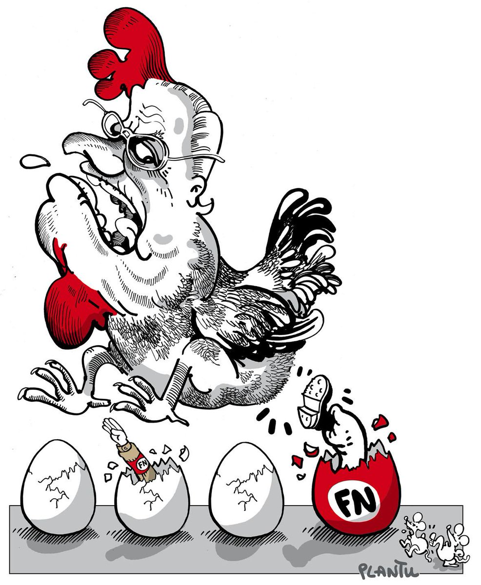plantu's tweet image. FN: JEAN-MARIE PEN POUSSÉ VERS LA SORTIE.
 (Le dessin de L'Express de cette semaine).