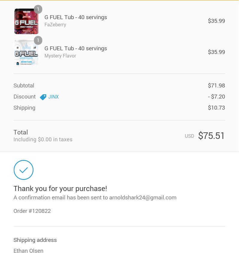 YEETOLSEN's tweet image. Just ordered some GFuel :) Thanks Eric! #FaZeUp #UseCodeJinx @GammaGamers @FaZeJinx