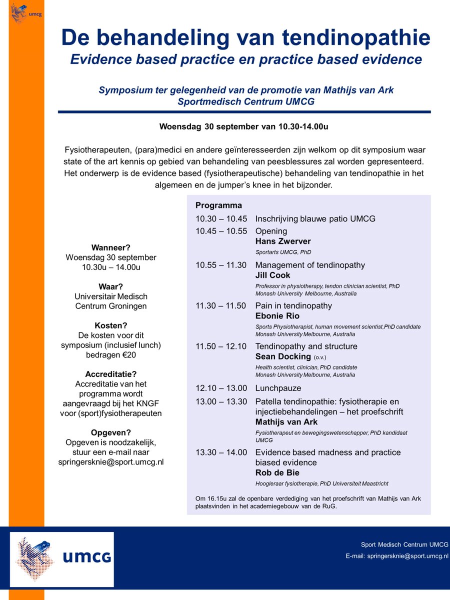 September 30th, interesting tendinopathy symposium on the occasion of the PhD defence of <a href="/mathijsvanark/">Mathijs van Ark</a> <a href="/umcg/">UMCG</a>