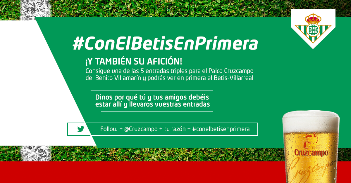 Cruzcampo's tweet photo. Disfruta #conelbetisenprimera del @RealBetis desde el palco Cruzcampo con una de estas 5 entradas triples http://t.co/gM1uWFZgbM