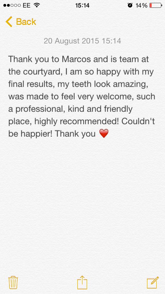 JaydeThacker's tweet photo. Thank you so much @courtyarddental more than happy with my teeth ❤️ http://t.co/Hq6zV5Z1bz