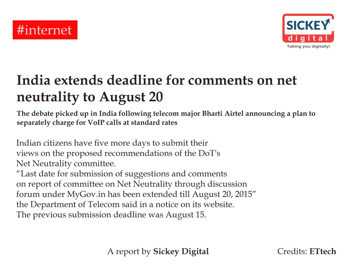 SickeyDigital's tweet image. #NetNeutrality voting on #trai website ends today.
Sickey digital raises its voice for #openandfree internet.