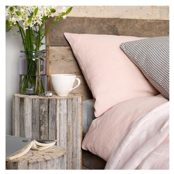 Decorate with #natural #textures - this reclaimed wood headboard &amp; side table will look fab against pale-grey walls!