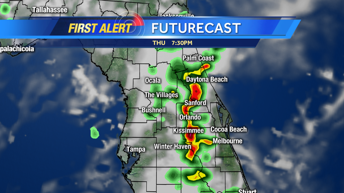 amysweezey's tweet image. Thursday's sea breeze collision happens inland/East thru evening commute. Here's FutureCast: #cflwx #wesh2storms