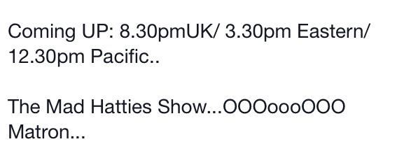 madhatties's tweet image. #www.scotland69am.com Times for tonight's show!!!