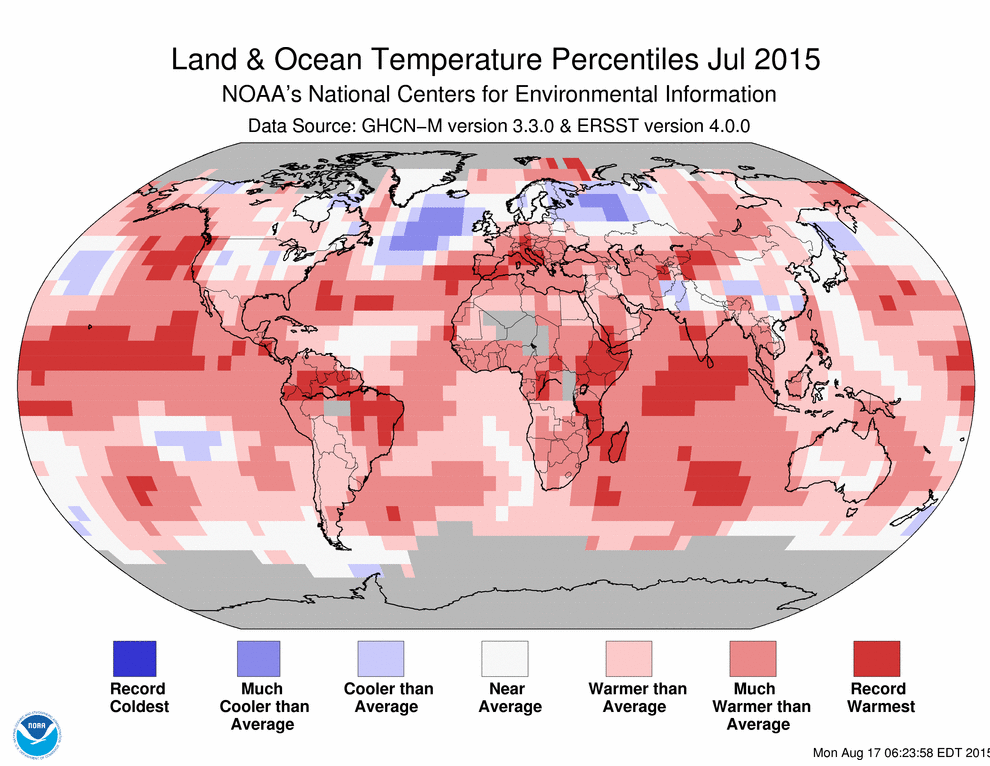 NOAA's tweet image. JUST IN: July 2015 warmest month ever recorded for globe says @NOAANCEIclimate #StateOfClimate 1.usa.gov/1PjEWMC