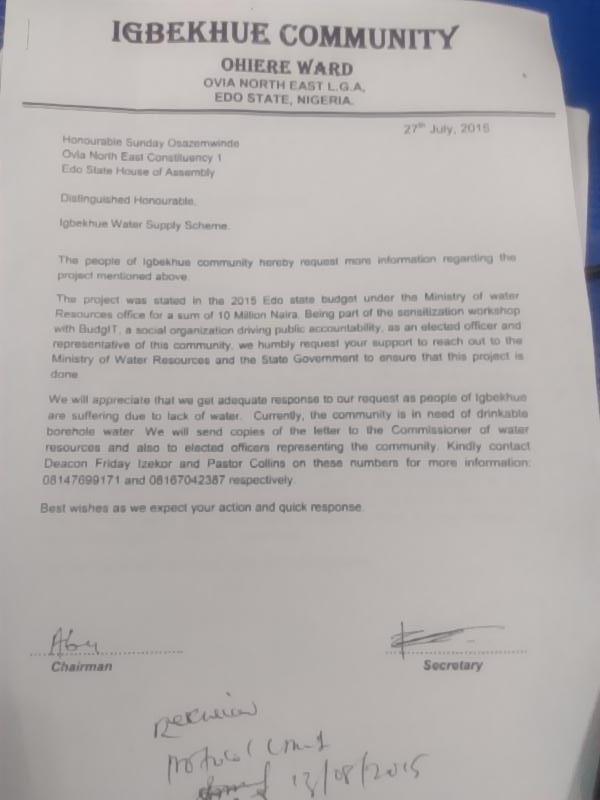TrackaNG's tweet photo. Igbekhue Community wrote Hon. Sunday Osazemwinde,Ovia N/East on implementation of Igbekhue Water Supply.
#EdoProjects http://t.co/unhtQuH6Ze