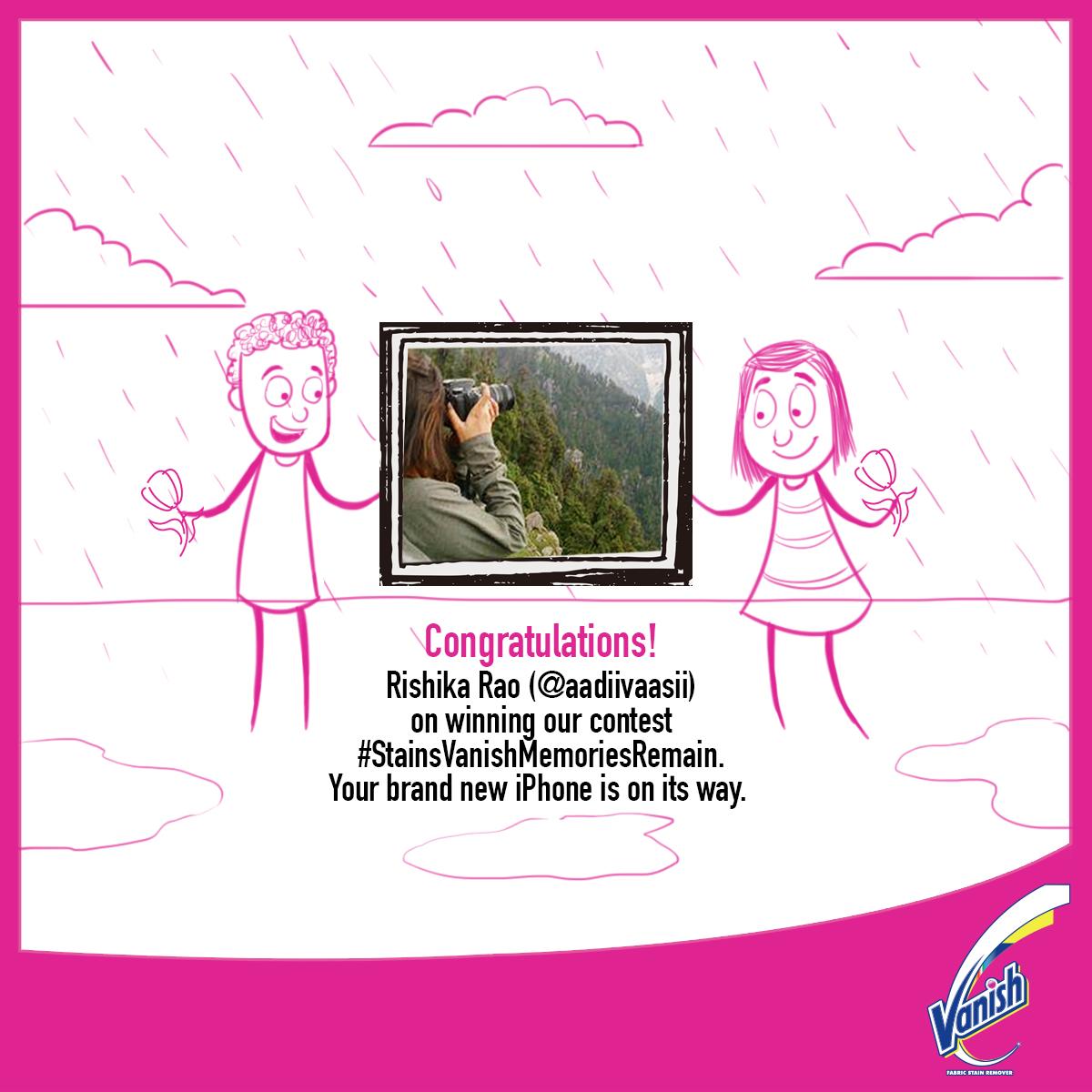 VanishIND's tweet photo. The first winner of our contest #StainsVanishMemoriesRemain is @aadiivaasii, Kindly DM us your contact details. http://t.co/6SzdZ6h8sz