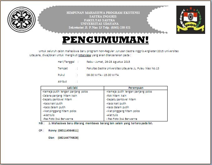 PENGUMUMAN INTERVIEW MAHASISWA BARU 2015