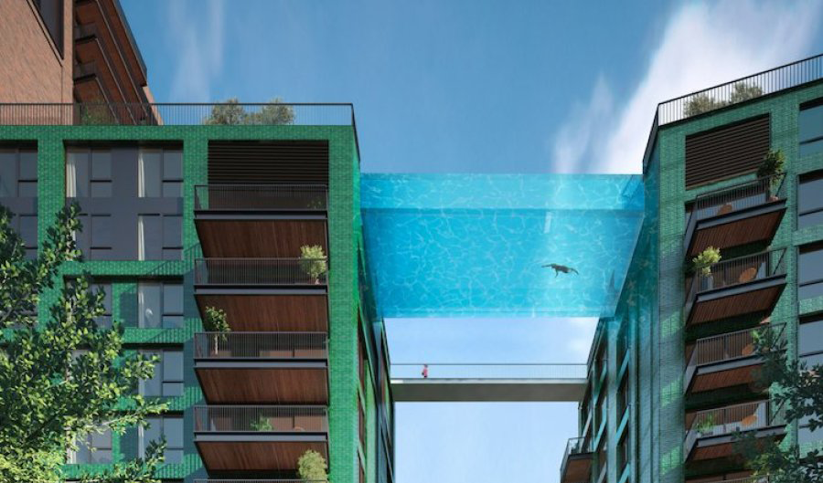 PlongeeClothing's tweet photo. London's #skypool, 10 storeys up. Would you dare #divein? http://t.co/vOE4mjAuwN http://t.co/fbkRg7ZKo9