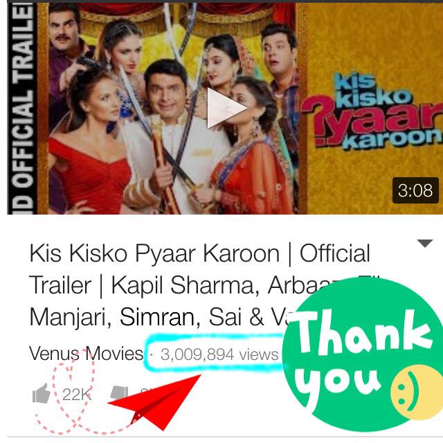 SimrankMundi's tweet photo. 3 Million views!!!!💃🏻💃🏻💃🏻💃🏻 #KisKiskoPyaarKaroon #kkpktrailer #KKPK #Wowwwwwwwwww http://t.co/Fstzs7mIf7
