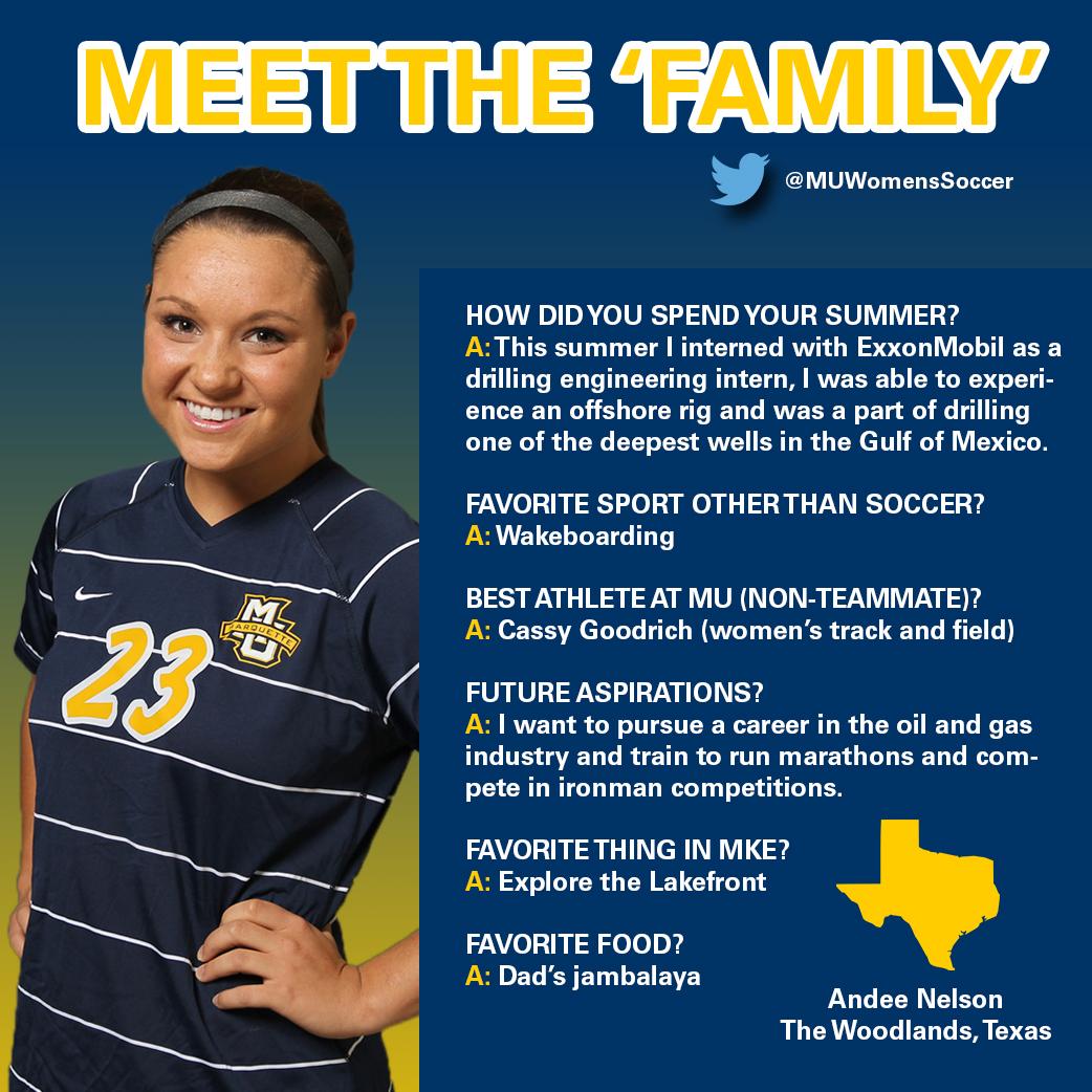 MarquetteWSOC's tweet photo. MEET THE 'FAMILY' - Texan Andee Nelson spent her summer as a drilling engineering intern w/@exxonmobil in the Gulf. http://t.co/7ppbwKm557
