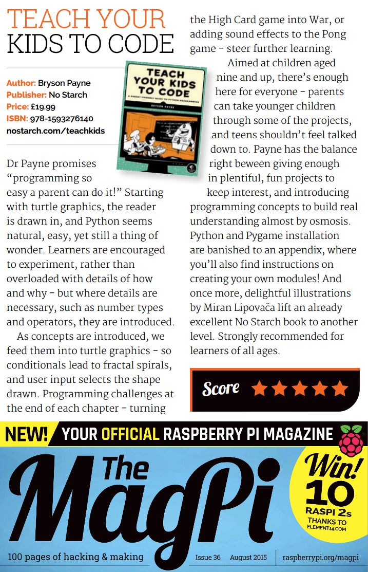 brysonpayne's tweet photo. So grateful to @TheMagP1 magazine for a stellar 5-star review of @teachkidscode in this month's issue! @nostarch http://t.co/i74ZLMiomo
