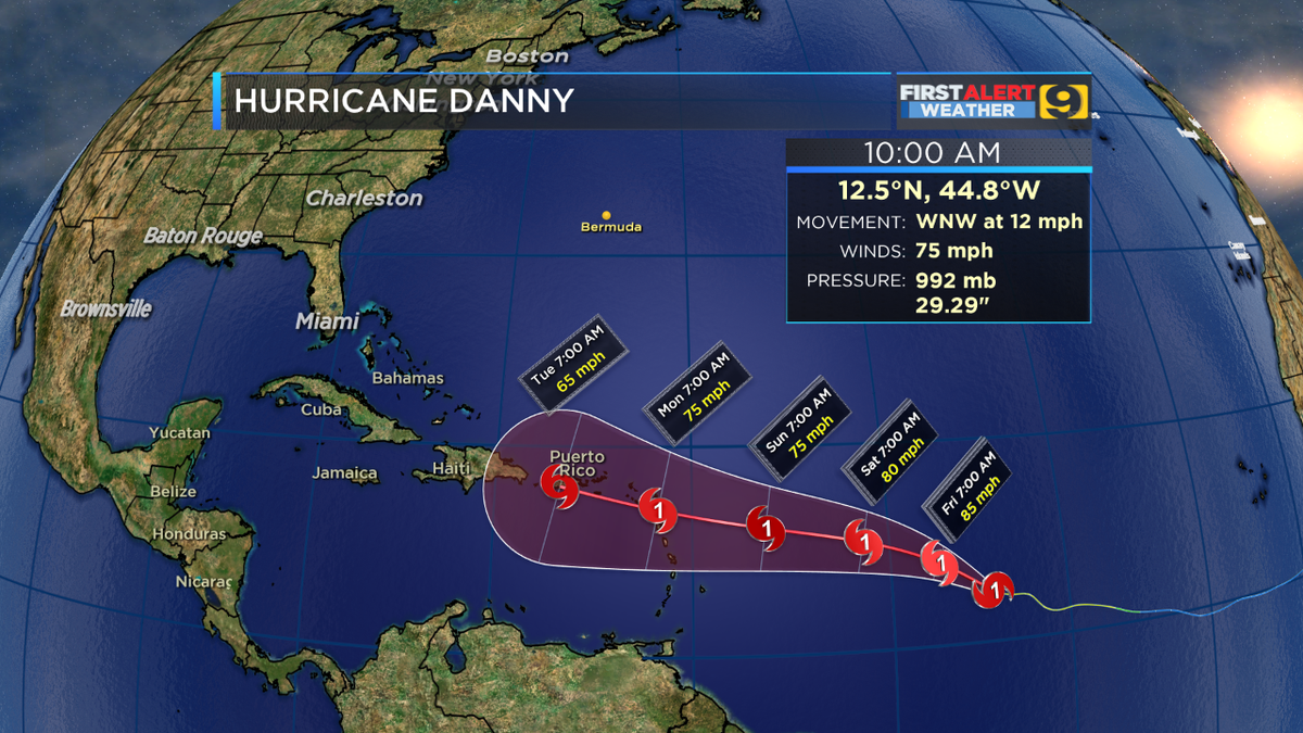 SteveWAFB's tweet photo. JUST IN: #Danny is now a hurricane, the 1st of the 2015 Atlantic #hurricane season. #LAwx http://t.co/2Wejko60uP