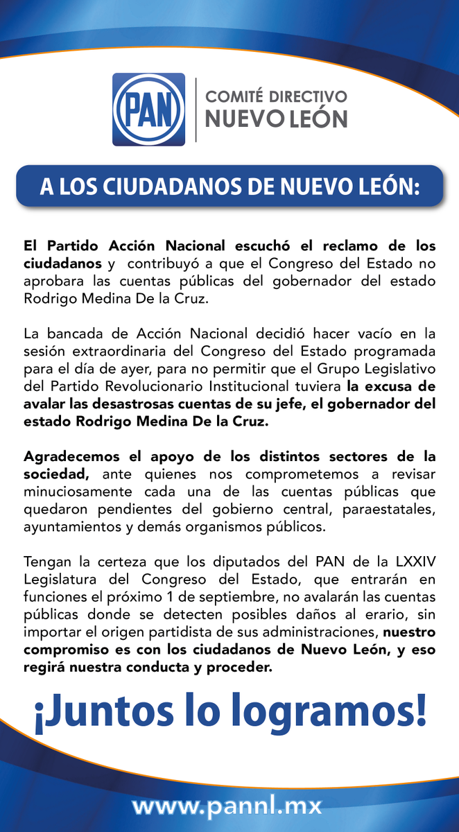 PANNLMX's tweet photo. Agradecemos el apoyo de los ciudadanos de Nuevo León. ¡Juntos lo logramos! #NoALasCuentasDeMedina http://t.co/QFc7lKe7ry