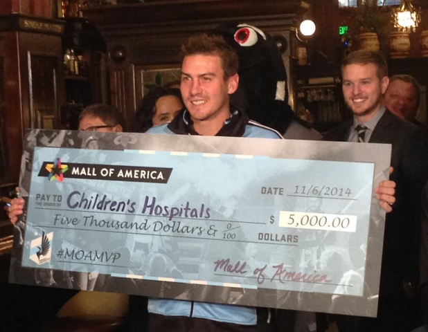 childrensmn's tweet photo. #TBT Nov. 6, 2014: When @MNUnitedFC's @BrianKallman14 was named #MOAMVP and donated $5,000 to Children's http://t.co/dHiZsB2UP7