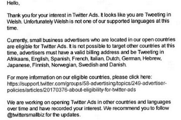hyperlingo's tweet photo. Businesses banned from advertising in Welsh on Twitter prompting complaints from firms | http://t.co/GlK9jCejwl http://t.co/9AgalMXQ6k