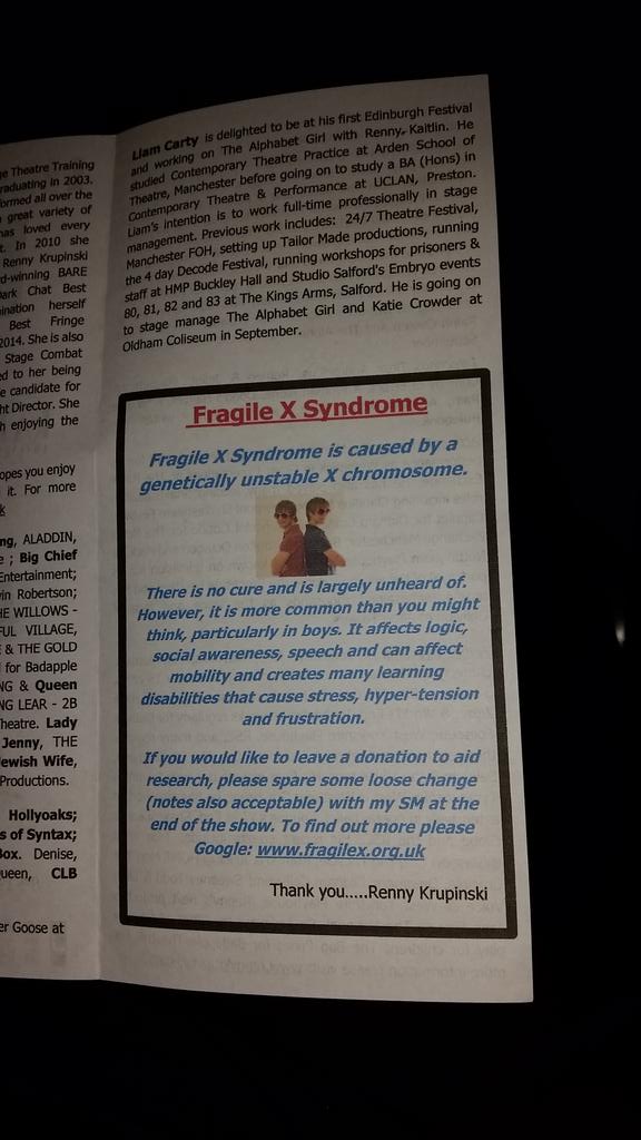fragilexuk's tweet photo. Just seen the fabulous @AlphabetGirlThe at @edfringe. Grateful for support &amp; the #fragilex awareness! http://t.co/1O1HIAWv5n
