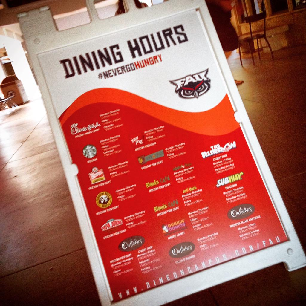 Never go hungry! Visit dineoncampus.com/FAU or be on the look out for our dining hour postings across campus! #FAU