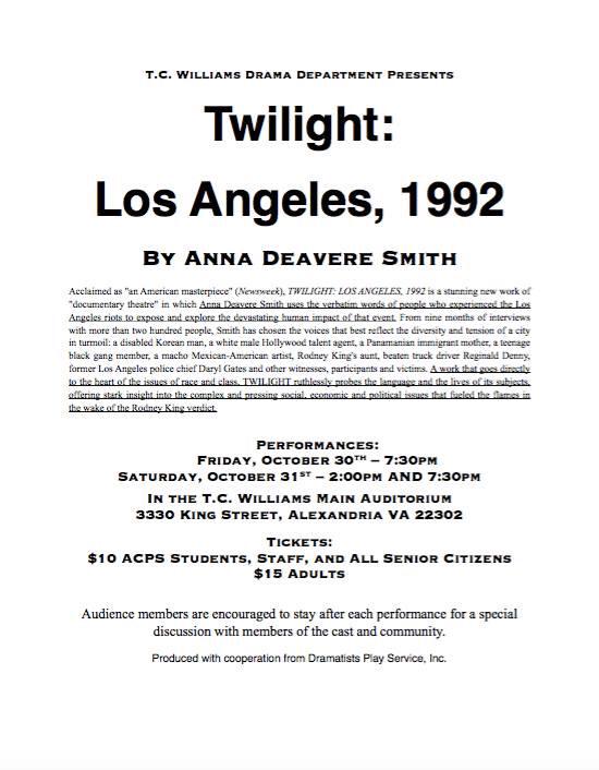 TCcastandcrew's tweet photo. Excited to announce that our fall play will be Twilight: Los Angeles, 1992! Auditions start the second day of school. http://t.co/luhjmnA6L0