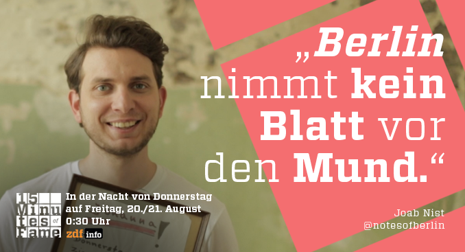 Gleich geht's los! Um 0:30 Uhr auf <a href="/ZDFinfo/">ZDFinfo</a>. #15MinFame, mit <a href="/notesofberlin/">NOTES OF BERLIN</a>, <a href="/URBANOPHIL/">URBANOPHIL e.V.</a>, <a href="/hyperboleTV/">HyperboleTV</a> &amp; <a href="/dvg/">Dirk von Gehlen 🤷🏻‍♂️</a>