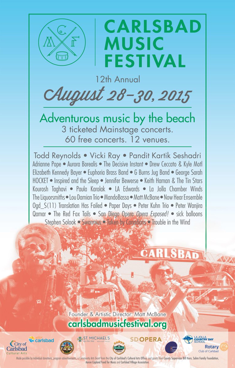 CbadMusicFest's tweet photo. Check out this year's festival poster! Adventurous music by the beach! August 28-30! #carlsbad #carlsbadvillage http://t.co/qUiej1kBw0