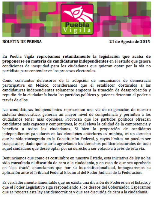 pueblavigila's tweet photo. Comunicado de @pueblavigila repudiando dictamen del @CongresoPue q #estrangula #candidaturasindependientes http://t.co/1uzGwO97Eb