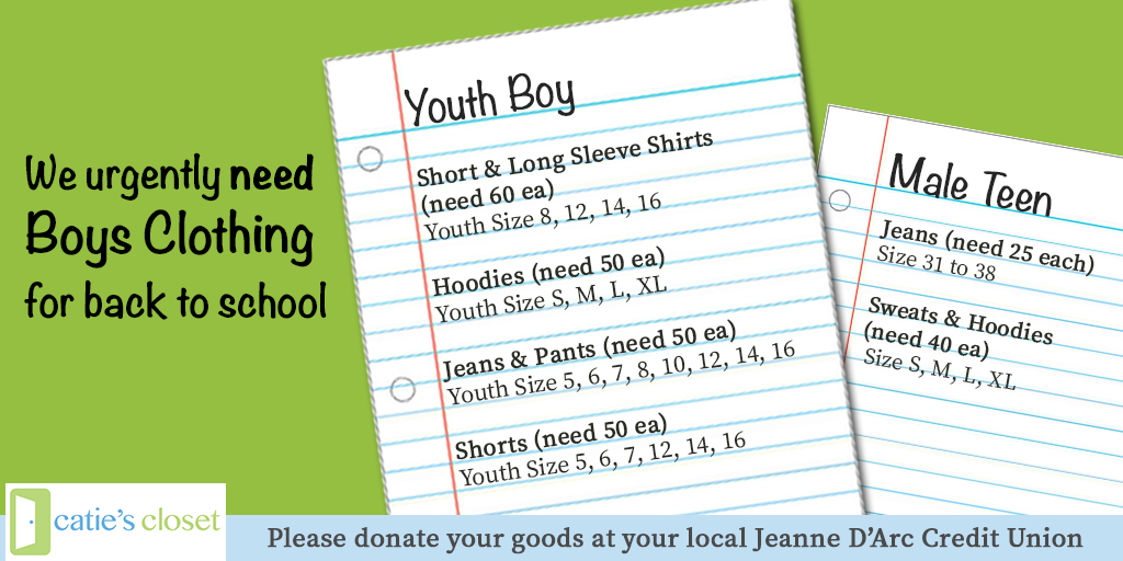 Caties_Closet's tweet photo. We need your help! Our stock of boys youth & teen clothing is dwindling. @jdcreditunion #Back2SchoolBasics http://t.co/7dtTPy4QZW