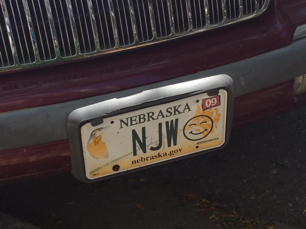 beckerdia's tweet photo. When did emojis start appearing on license plates? Looks original to me #NebraskaDMV http://t.co/wPnspMzuX2
