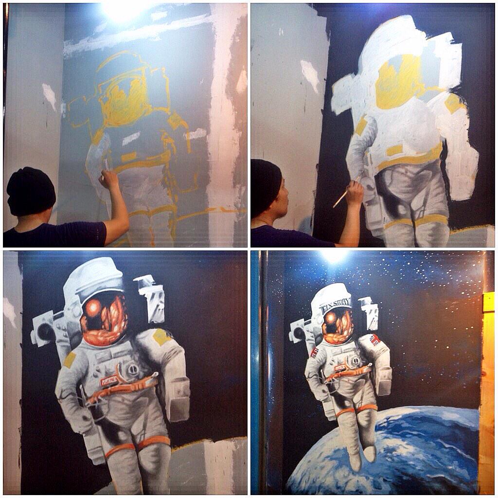 Progress of mural painting art at epicholidaycloth " astronout Galaxy mural painting art "