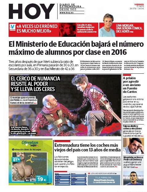 hoyextremadura's tweet photo. ¡Buenos días! Esta es la portada de hoy en edición impresa y @Kioskoymas http://t.co/DwmdsIftni http://t.co/2tBq7IyZ7y