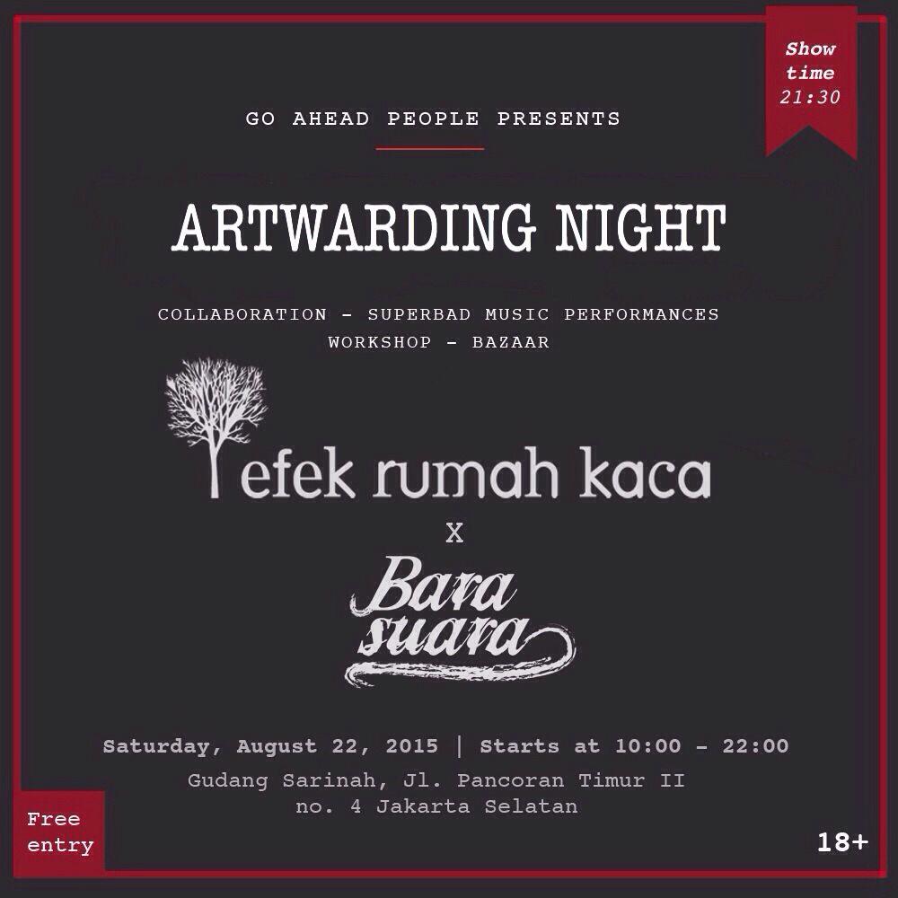 BESOK! Artwarding Night - Gudang Sarinah 

Kami akan naik panggung bersama <a href="/efekrumahkaca/">efekrumahkaca</a> jam 21.30!

(Untuk 18+)