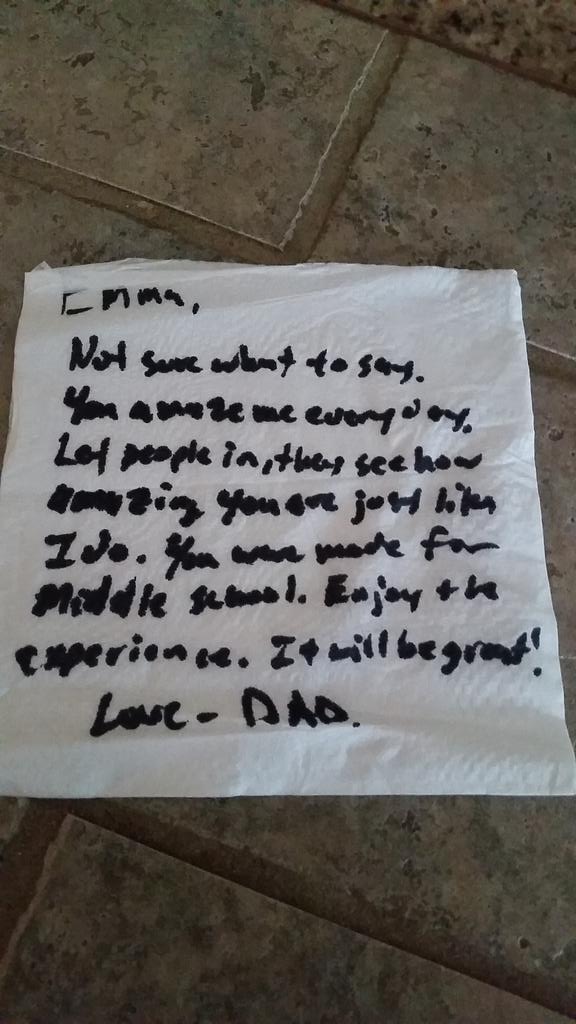 katie_ed15's tweet photo. Found this note on the counter that the dad left the little girl this morning she started 6th grade yesterday omg :') http://t.co/NumKQej1FB