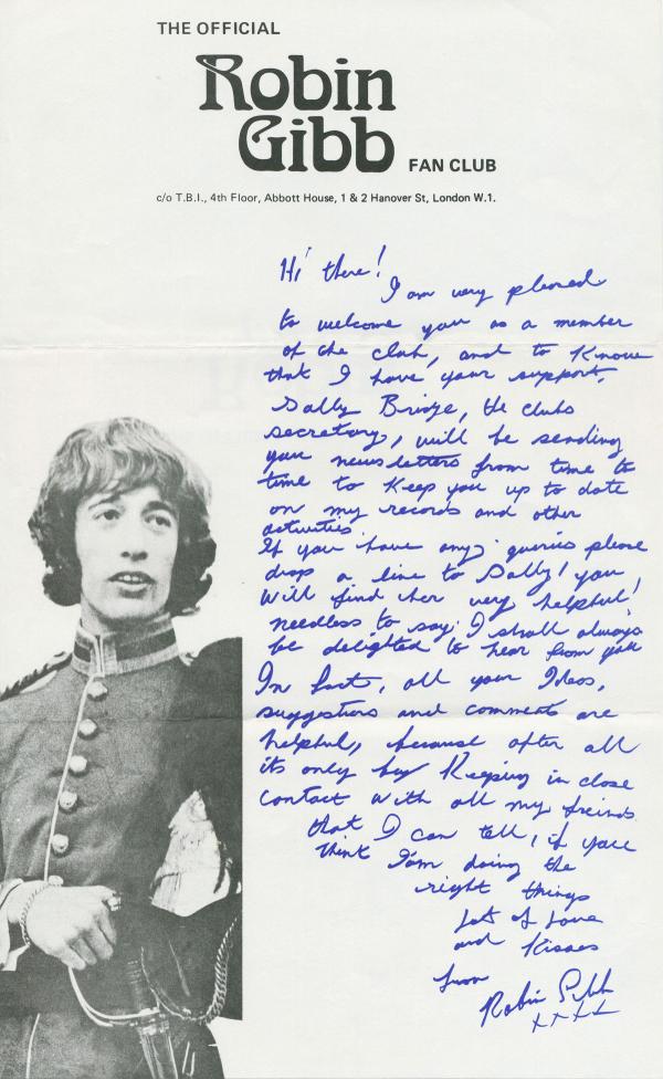 Robin Gibb's handwritten fan club welcome letter from c.1970 – visit robingibb.com/news/fan-club-… for an easy read!