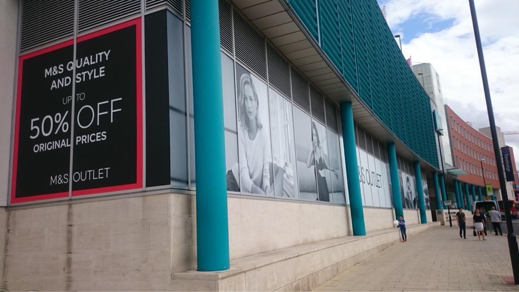 Simplysigns's tweet photo. New look for M&amp;S Outlet Gloucester Quays, the boys worked hard on this one.... a bit windy http://t.co/RbSi3TI04p