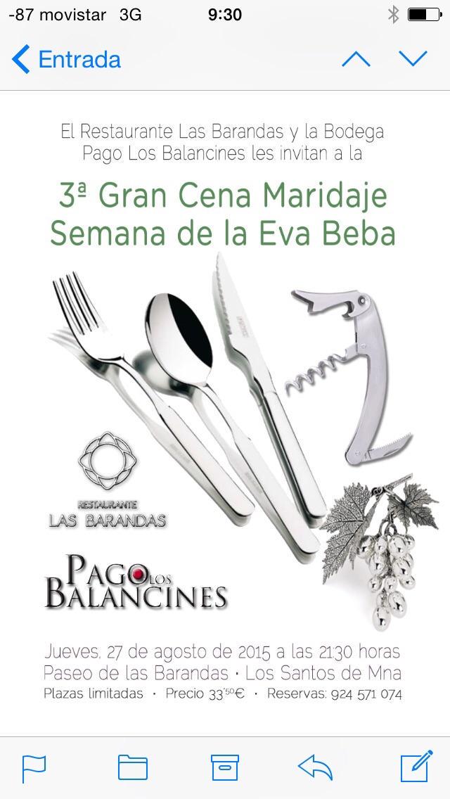 LasBarandas's tweet photo. Con motivo de la Semana de la #Eva-Beba, tenemos una nueva edición de Cena Maridaje con vinos de @pagobalancines http://t.co/TBgaEp8Dyw