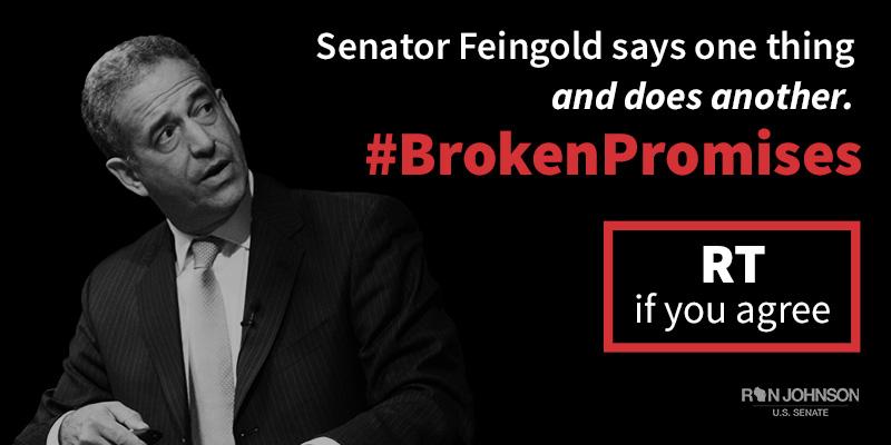 RonJohnsonWI's tweet photo. RT if you agree that Senator Russ Feingold says one thing and does another. #BrokenPromises. http://t.co/SQQ1UOSRph
