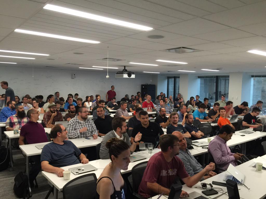 Dries's tweet photo. At the @Acquia Engineering Hackathon: it is either the funniest hackathon or the geekiest comedy show! #Drupal http://t.co/ywGD6ETUTA