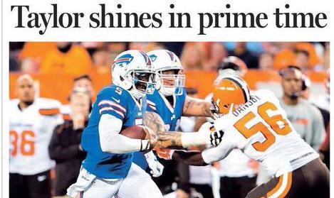 HokiesFB's tweet image. Front page of today&apos;s sports section of The Buffalo News

#HokiesInNFL 
#TyrodTime 🔥🔥🔥