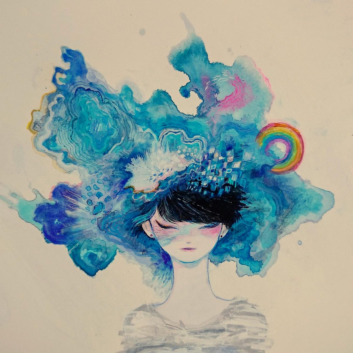 「青い絵の具こぼしたところに描いてみたやつ 」|まつもとまちのイラスト