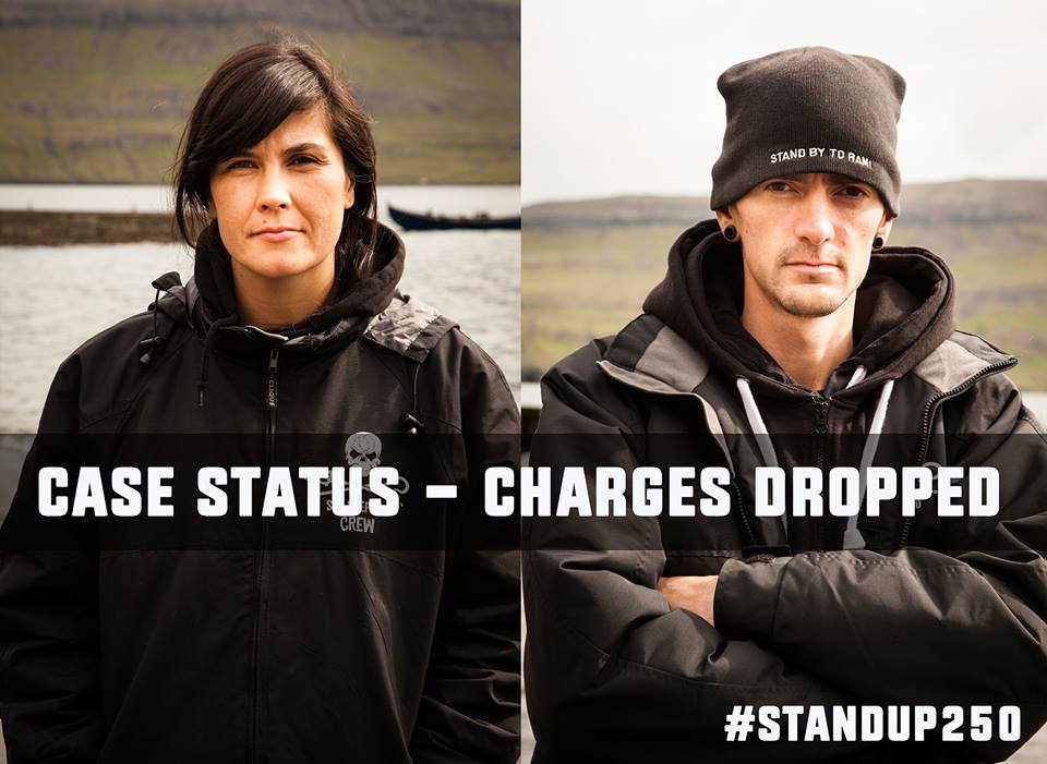 SeaShepherdSSCS's tweet photo. #BREAKING: Charges Against 2 SeaShepherd volunteers in the Faroe Islands Dropped! https://t.co/MBfSZQjYZS #StandUp250 http://t.co/rRUSmUyQ6N