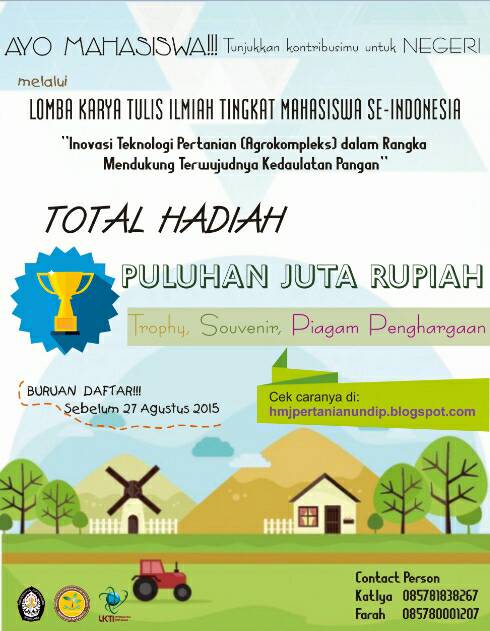 PertanianUNDIP's tweet photo. Yuk buruan daftar LKTI Mahasiswa pendaftaran s.d 27 Agustus 2015 @UB_Official @BEMFPPUMM @BemUmm @InfoUnisma http://t.co/AMHXPpoYtb