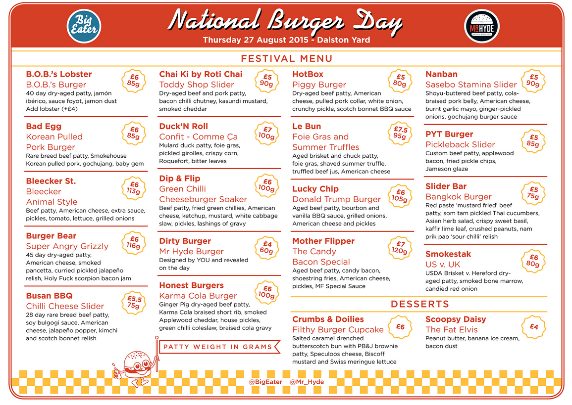 Mr_Hyde's tweet photo. The #NationalBurgerDay menu at Dalston Yard on August 27 http://t.co/gECKW3V50u