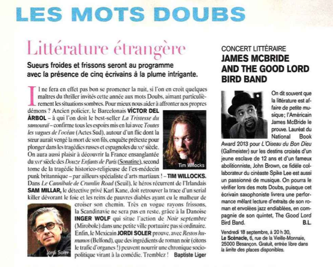 ReichenbachFab's tweet photo. Programme des #MotsDoubs #Besançon dévoilé ds #LIRE par @LigerBaptiste avec Tim #Willocks @SonatineEdition http://t.co/urAGSxPE89