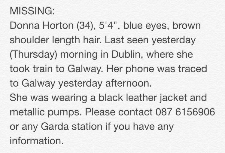 nairamk's tweet photo. Donna Horton has been missing after getting a train to Galway. Last seen yesterday (Thu) morning - have you seen her? http://t.co/1QCrU6ontK