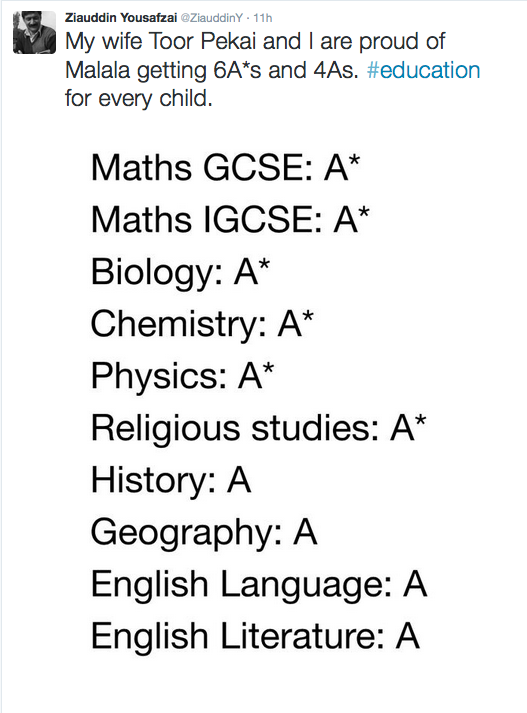 TeacherToolkit's tweet photo. Malala Yousafzai, shot at by the Taliba, gets her GCSE results. Her dad tweeted this. https://t.co/UAj7Mj1t6p http://t.co/8c6Am17YPx