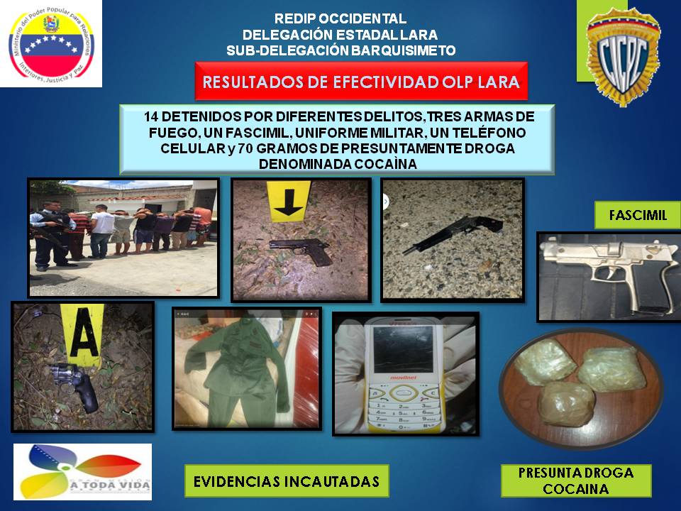 CICPC0056's tweet photo. #CICPCLARA RESULTADOS EFECTIVIDAD #OLPLARA 14 DETENIDOS 4 ARMAS DE FUEGO, 70 GRS COCAÍNA OTROS OBJETOS @ILICHESTEVEZ http://t.co/cGUttIffqu