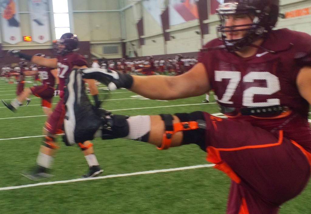 HokiesFB's tweet image. Coach Gentry getting us loosened up &amp;amp; ready to go! 

#VTCampLife 💼