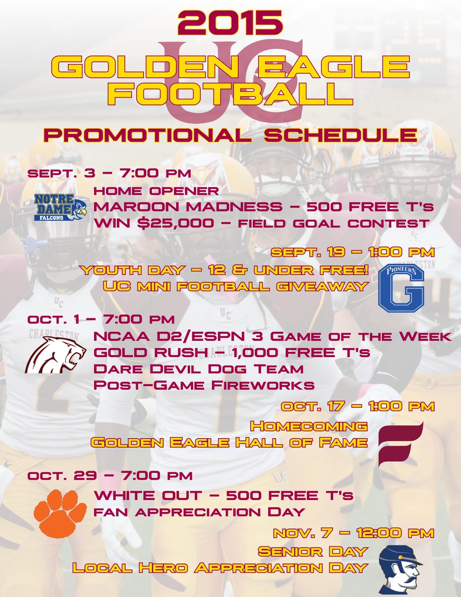 ucwv_athletics's tweet image. 2015 @UCFootballWV Promotional Schedule announced.  Exciting games this season at UC Stadium! #sUCcess