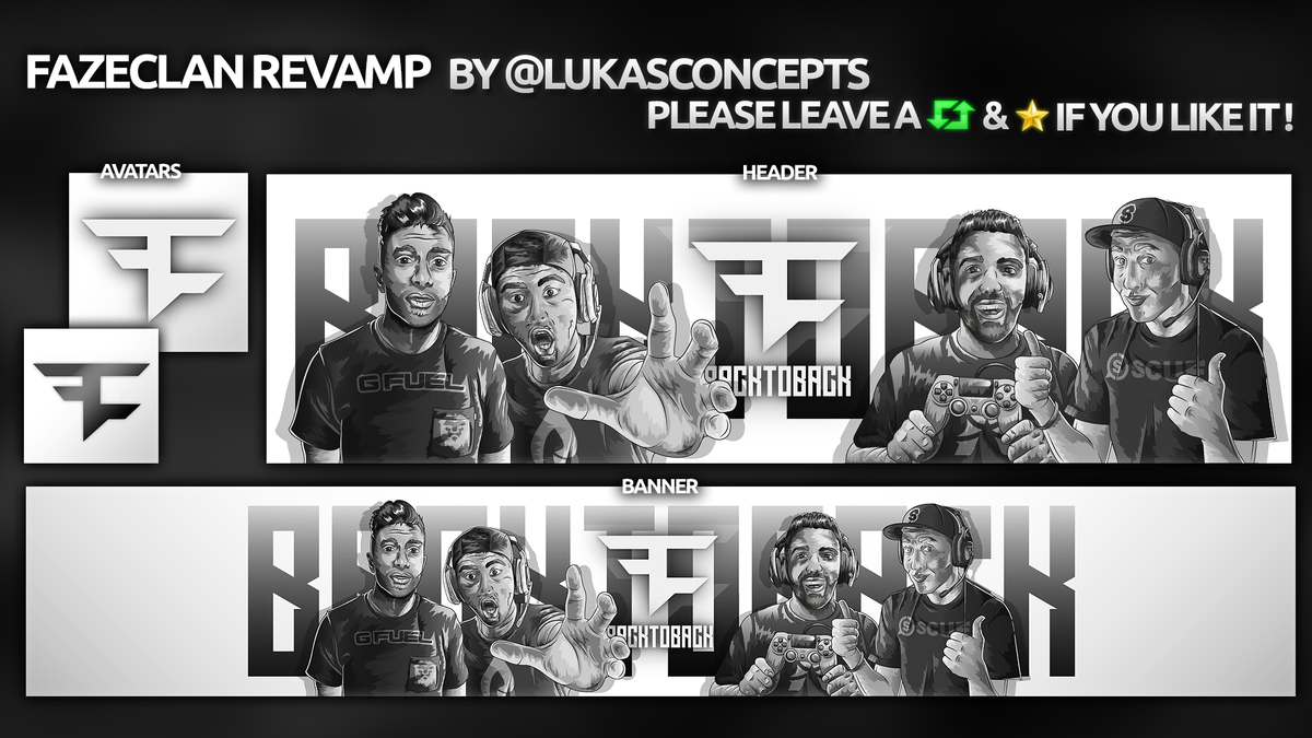 Haen's tweet image. B&amp;amp;W @FaZeClan Revamp! RT &amp;amp; Fav please! 
[ HQ: i.imgur.com/VM92Zkc.png ] @FaZeTemperrr @FaZe_Rain @Banks @bananafone34